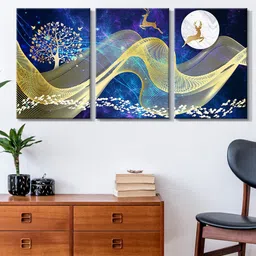 999Store Set Of 3 Blue & Yellow Abstract Golden Lines Painting Framed Wall Art image 1
