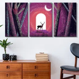 999Store Set Of 3 Purple & White Moon light With Deer Painting Framed Wall Art image 1