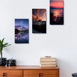 999Store Set of 3 Brown & Black Rising Moon Ocean And Mountains Sky Wall Painting image 1