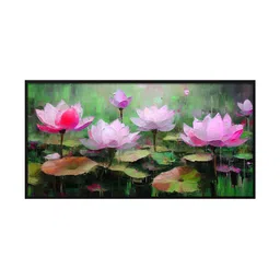 999Store Pink & Green Lotus Printed Canvas Wall Painting image 2