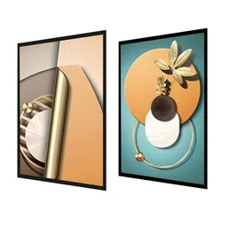THE HANDMADE FLAIR Beige & Blue 2 Pcs Abstract Framed Painting Wall Art image 3