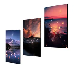 999Store Set of 3 Brown & Black Rising Moon Ocean And Mountains Sky Wall Painting image 3