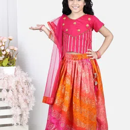 here&now x kinder kids Kinder Kids Girls Pink & Orange Embroidered Thread Work Ready to Wear Lehenga & Blouse With Dupatta-picture-49