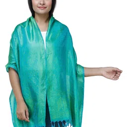 Exotic India Dynasty Green Pure Silk All-Over Tanchoi Weave Banarasi Handloom Scarf-picture-47