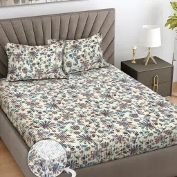 FABINALIV Off White Floral Woollen King Size Fitted Double Bedsheet With 2 Pillow Covers-picture-24