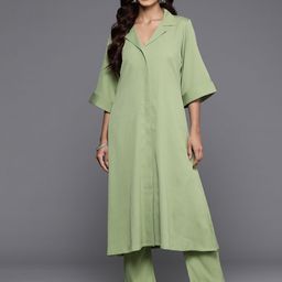 Varanga Women Solid Regular Silk Crepe Kurta with Trousers-picture-2