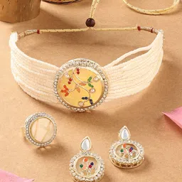 Zaveri Pearls Gold-Plated Stones Studded & Beaded Necklace With Earrings & Finger Ring-picture-20