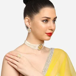 Zaveri Pearls Gold-Plated Stones Studded & Beaded Necklace With Earrings & Finger Ring image 2