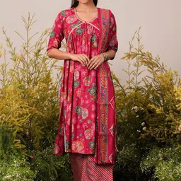 Libas Women Floral Printed Pleated Gotta Patti Kurta with Palazzos & With Dupatta image 1