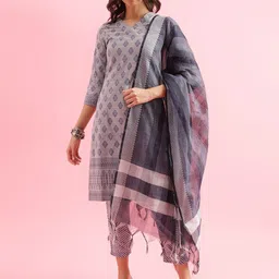 KALINI Floral Printed V-Neck Jacquard Weave Straight Kurta With Trousers & Dupatta image 1