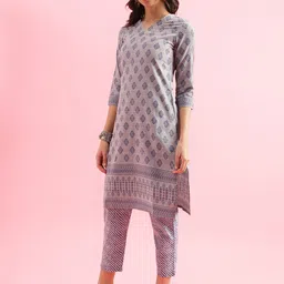 KALINI Floral Printed V-Neck Jacquard Weave Straight Kurta With Trousers & Dupatta image 3