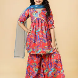 A.T.U.N. Girls Floral Regular Mirror Work Kurta with Sharara & With Dupatta image 1