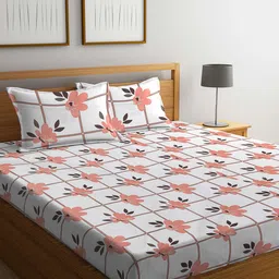 KLOTTHE White & Peach Printed 300TC King Bedsheet & 2 Pillow Covers-image-59