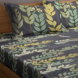 Arrabi Grey & Green Floral 300 TC Super King Size Fitted Bedsheet With 2 Pillow Covers image 3