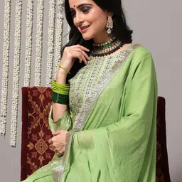 Varanga Women Green Ethnic Motifs Gotta Patti Kurta with Trousers & With Dupatta image 2