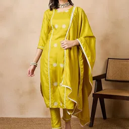 RAJGRANTH Embroidered Regular Silk Chiffon Kurta With Trousers & Dupatta-picture-29
