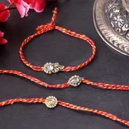 panash PANASH- Unisex Set Of 3 Gold Plated Stone Studded Thread Rakhis With Roli Chawal-picture-50