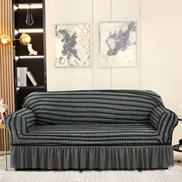 Aura Grey & Navy Blue Stretchable Bubble Three Seater Sofa Cover With Skirt-picture-35