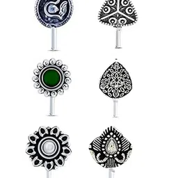 anuradha pearl Oxidised nose pin for women | Clip on | Press On | Without piercing | Silver | Latest nose pin deigns (Combo of 6) image 1