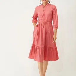 AASK Tie-Up Neck Puff Sleeve Crepe A-Line Midi Dress-image-68
