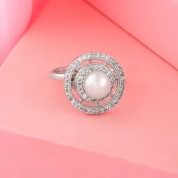 Estele Rhodium-Plated CZ-Studded & Pearl Beaded Adjustable Finger Ring-image-67