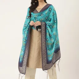 VAABA Turquoise Blue Ethnic Motifs Printed Bandhani Dupatta with Zari Details-image-90