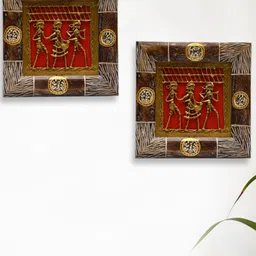 ExclusiveLane 2 Pcs Brown & Gold-Toned Textured Dhokra Work & Warli Hanging Wooden Wall Decor-picture-14