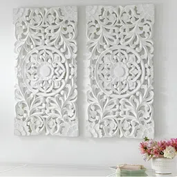 VAS collection home 2 Pcs White Self Designed Rectangle Shaped Wooden Wall Decor Plate-picture-14