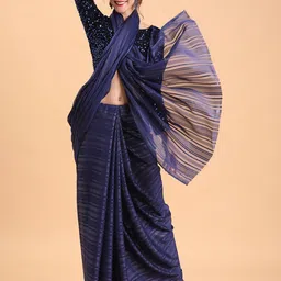Sangria Navy Blue & Silver-Toned Striped Sequinned Silk Blend Heavy Work Saree image 1