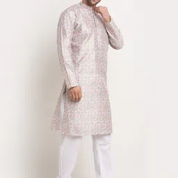KRAFT INDIA Men Pink & Grey Ethnic Motifs Thread Work Kurta image 3