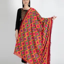 Moda Chales Women Red & Green Embroidered Dupatta with Phulkari-picture-37