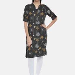RANGMANCH BY PANTALOONS Women Charcoal Floral Printed Thread Work Kurta-picture-39