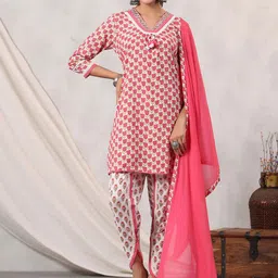Readiprint Fashions Floral Printed Mirror Work Cotton Kurti with Dhoti Pants & Dupatta-image-91