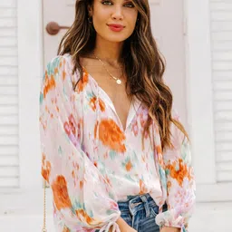 StyleCast White & Orange Abstract Printed Tie-Up Neck Puff Sleeves Top-picture-41