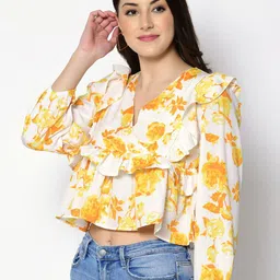 fuchsia PRETTY LOVING THING Floral Printed V-Neck Ruffle Crop Top image 5