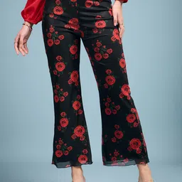DressBerry Women Black Floral Smart Straight Fit High-Rise Wrinkle Free BootCut Trousers-picture-6