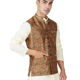 vastraa fusion Designer Digital Print Nehru Jacket Mango Silk Ethnic Festive Modi Waistcoat for Men's image 4