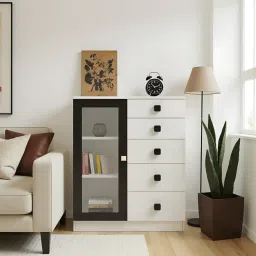 Rivera Crockery Unit-cum-Chest of Drawers with 5 Drawers and Toughened Glass Ivory - Carbon Black-image-4