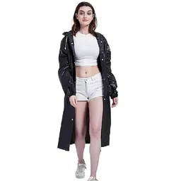 W+ Girls EVA Plain Transparent Rain Coat Hooded Outdoor Water Resistant Portable Raincoat Suit (Black) image 1