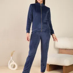 Sweet Dreams Navy Blue Solid Velour Spandex Sweatshirt & Pyjama image 3