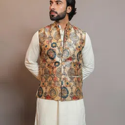 vastraa fusion Men's Digital Print Nehru Jacket In Silk Ethnic Festive Modi Waistcoat Look image 2