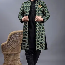 xepon Stylish Ethnic Wear Stand Collar Full Sleeve Black Kurta Pajama with Long Jacket Set image 5