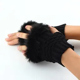 bold n elegant Black Faux Rabbit Hair Fur and Wool Knitted Winter Thermal Warm and Comfortable Fingerless Gloves Mittens Winter Accessories Hand Warmer Gloves for Women and Girls image 3