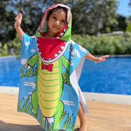 Famyo Crocodile Poncho Towel for Kids | Hooded Bath Towels | 60 x 60cm Toddler Pool Towel for Boys & Girls, 1-7 Years | Cute & Cozy Bathrobe Alternative image 1
