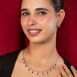 Niscka Rhodium Plated White and Pink Water-Drop American Diamond Necklace Earrings Set-picture-35