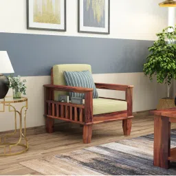 Madhavi 1 Seater Wooden Sofa (Creame Colour, Teak Finish)-image-12