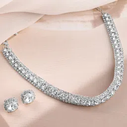 Rubans Silver-Toned Rhodium Plated Crystal White Cubic Zirconia Stud Choker Necklace Set image 2