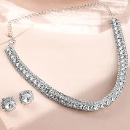 Rubans Silver-Toned Rhodium Plated Crystal White Cubic Zirconia Stud Choker Necklace Set image 3