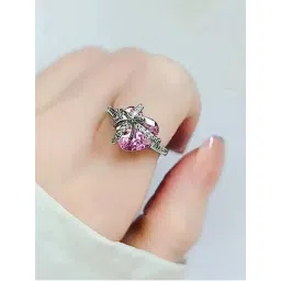 Designs & You Pink Silver Plated Crystals Stone Studded Heart Shaped Adjustable Ring-picture-11