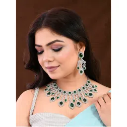 Voylla Sparkling Elegance Emerald Green Statement American Diamond Necklace Set-image-23